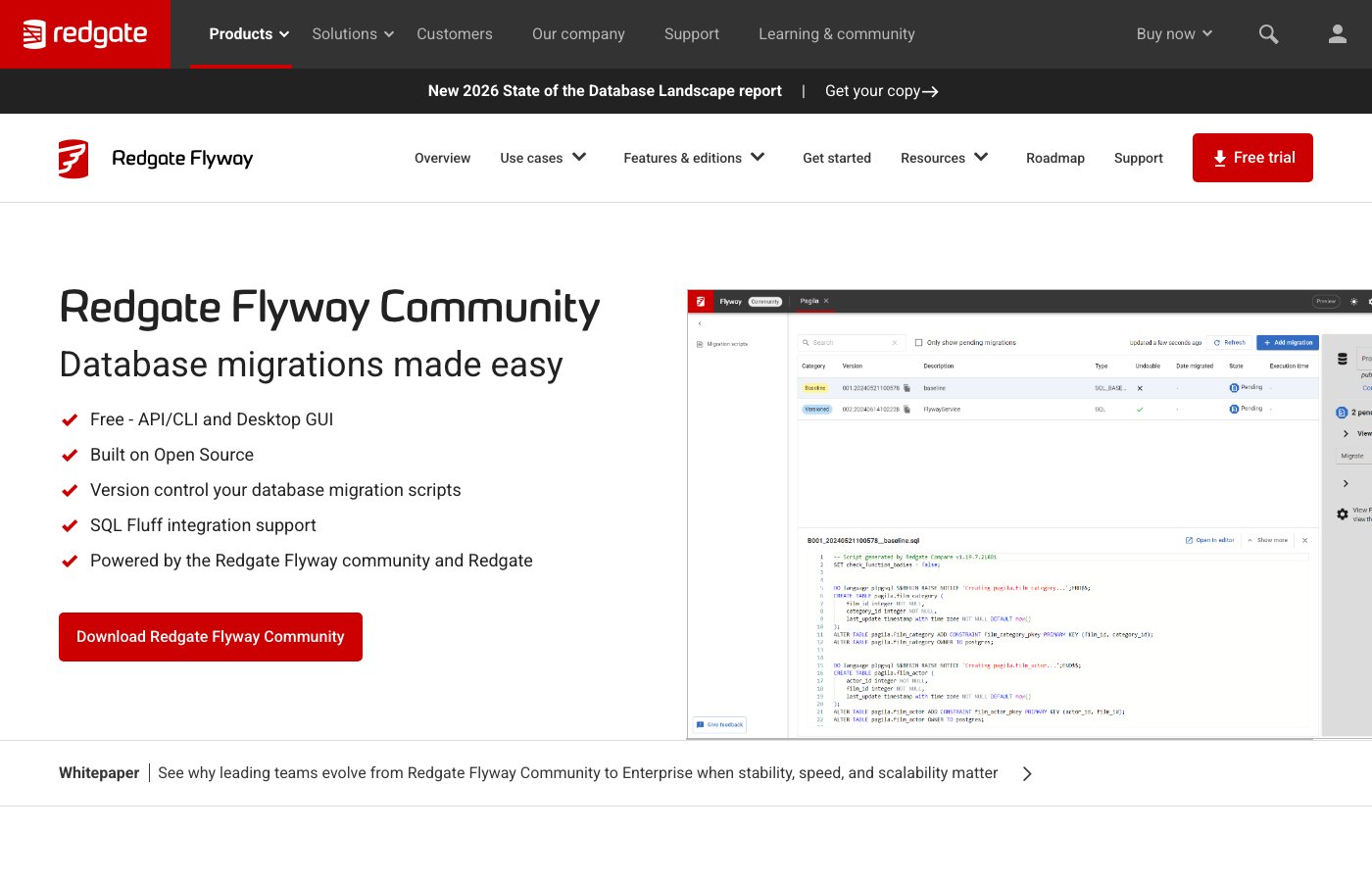 Flyway CLI output showing migration history and applied versioned scripts